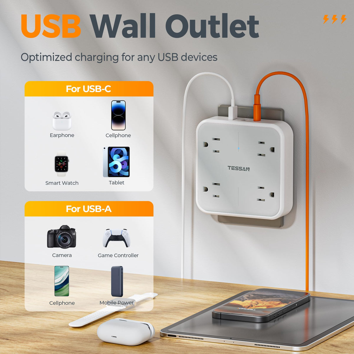 TESSAN 4 Outlet Wall Extender with USB-C & 2 USB-A Ports, Grey