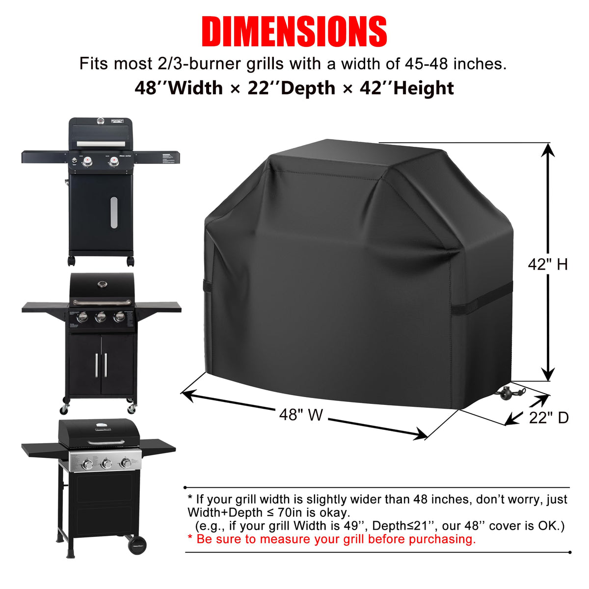 VIBOOS Waterproof BBQ Grill Cover, 48 in, Black