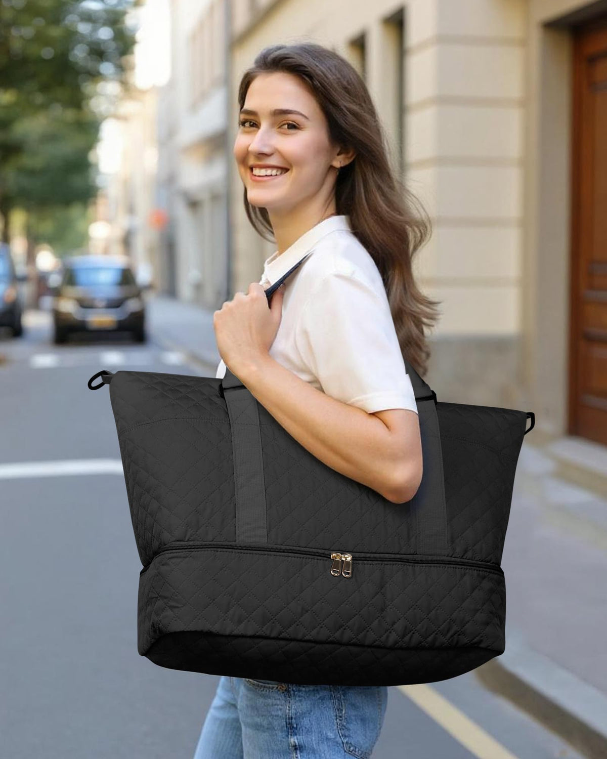 HOTOR Travel Duffel Bag for Women with Shoe Compartment, Black