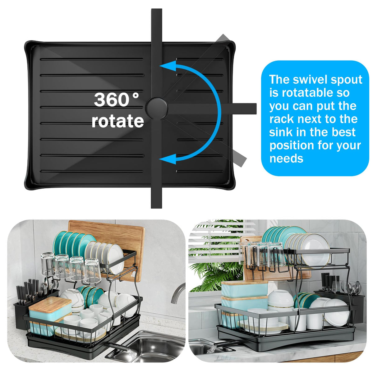 7 Code 2-Tier Large Dish Drying Rack with Drain Board, Black