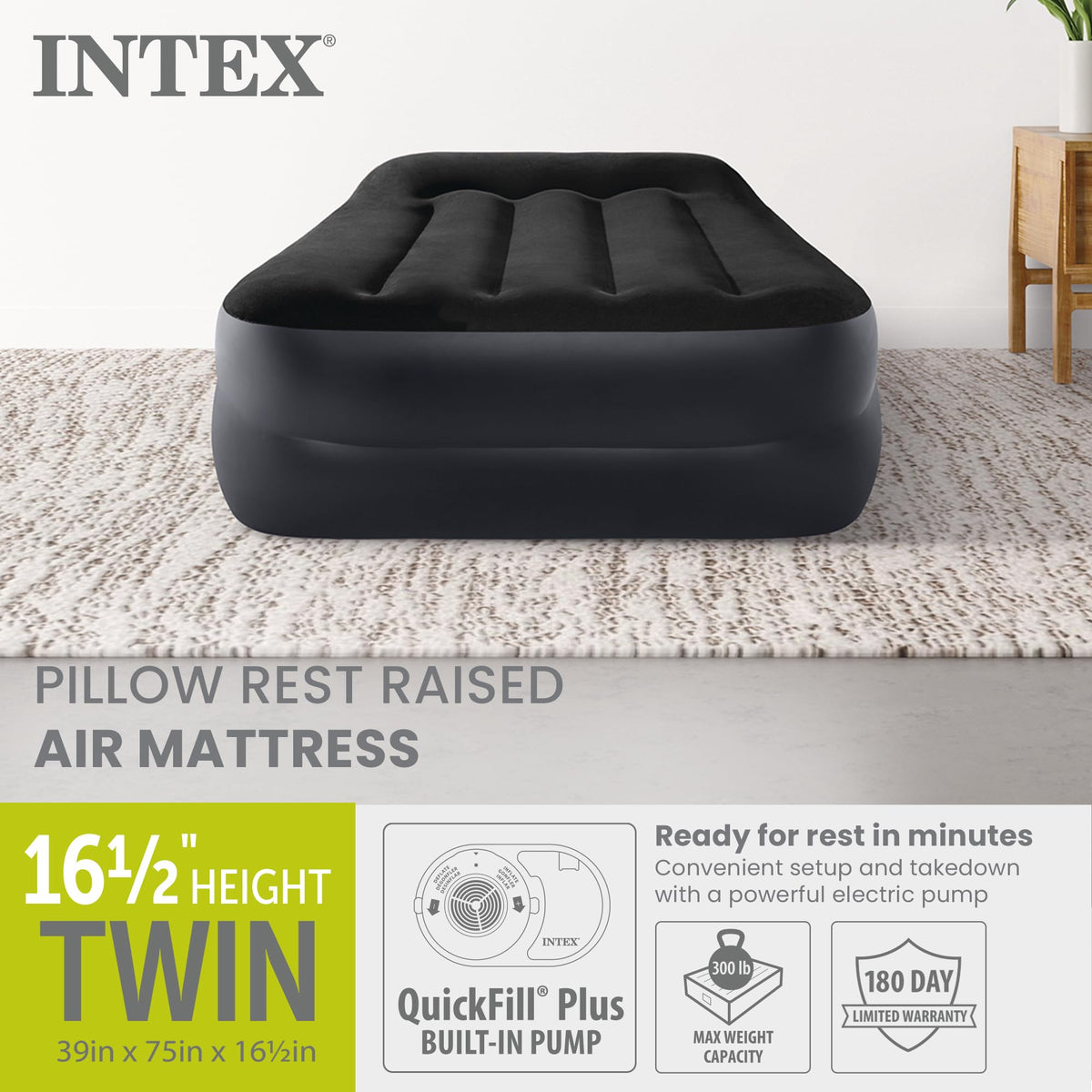 INTEX 64121ED Dura-Beam Plus Pillow Rest Air Mattress with Pump, Twin