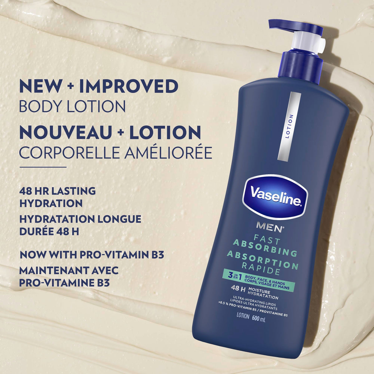 Vaseline Men 3-in-1 Body, Face and Hands Lotion, 600 mL, 3 Pack
