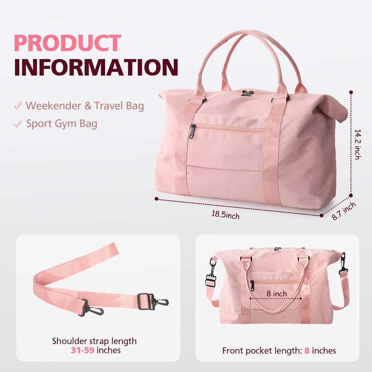 EASYFUN Waterproof Travel Duffle Bag with Trolley Sleeve, Pink