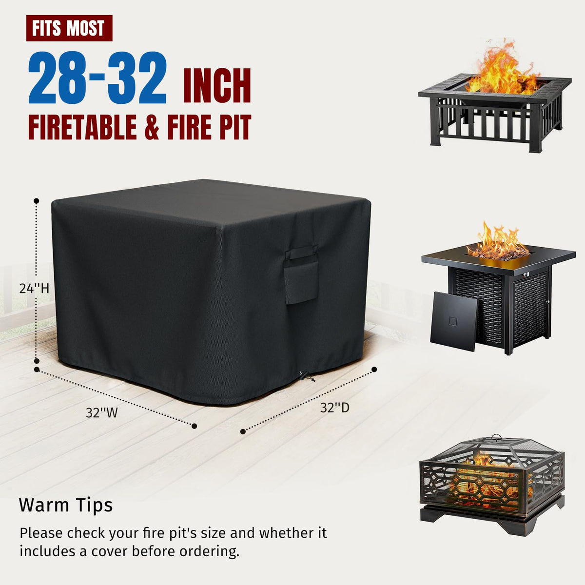 SHINESTAR Square Fire Pit Cover, 32" x 32" x 24", Black