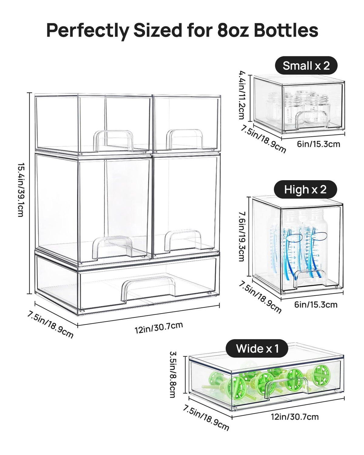 Vtopmart Stackable Clear Storage Drawers, 12" Wide (Set of 5)