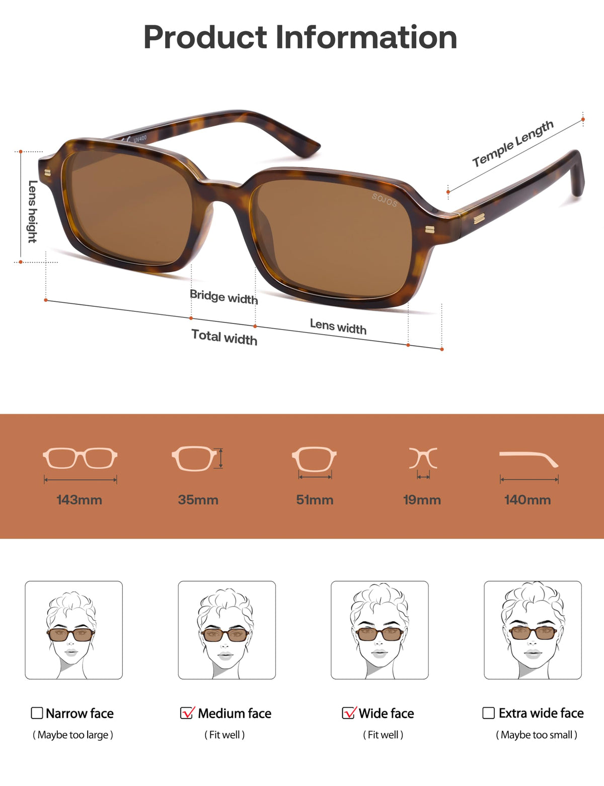 SOJOS SJ2610 Rectangle Polarized Sunglasses, Brown Tortoise/Brown