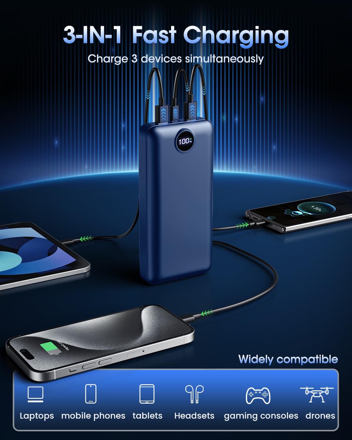 Power Bank, 50000mAh, 22.5W, 3 Outputs, 2 Inputs, LED Display