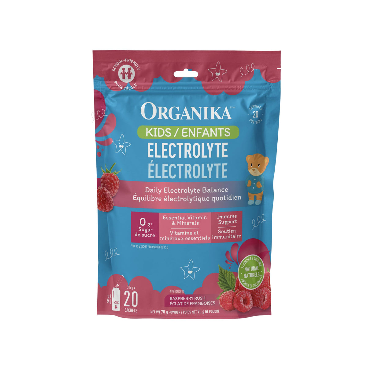 Organika Kids Electrolytes Powder Sticks, Raspberry Rush, 20 Count