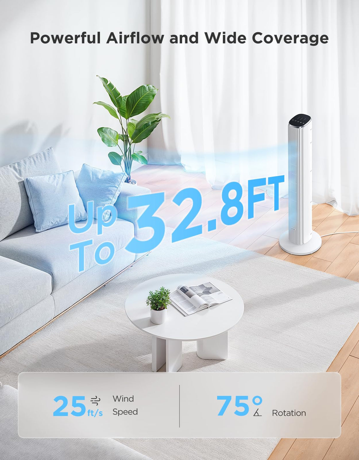 GoveeLife White Tower Fan for Bedroom
