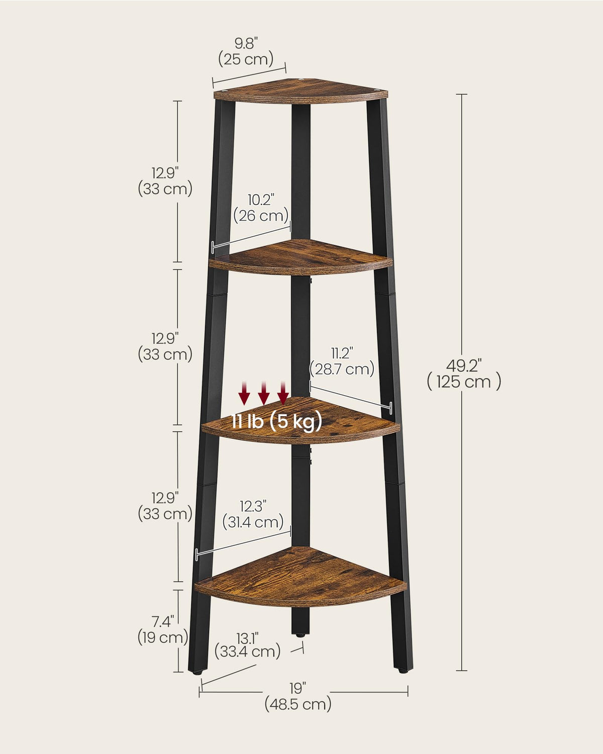VASAGLE 4-Tier Corner Shelf Stand, Rustic Brown/Black, ULLS34X