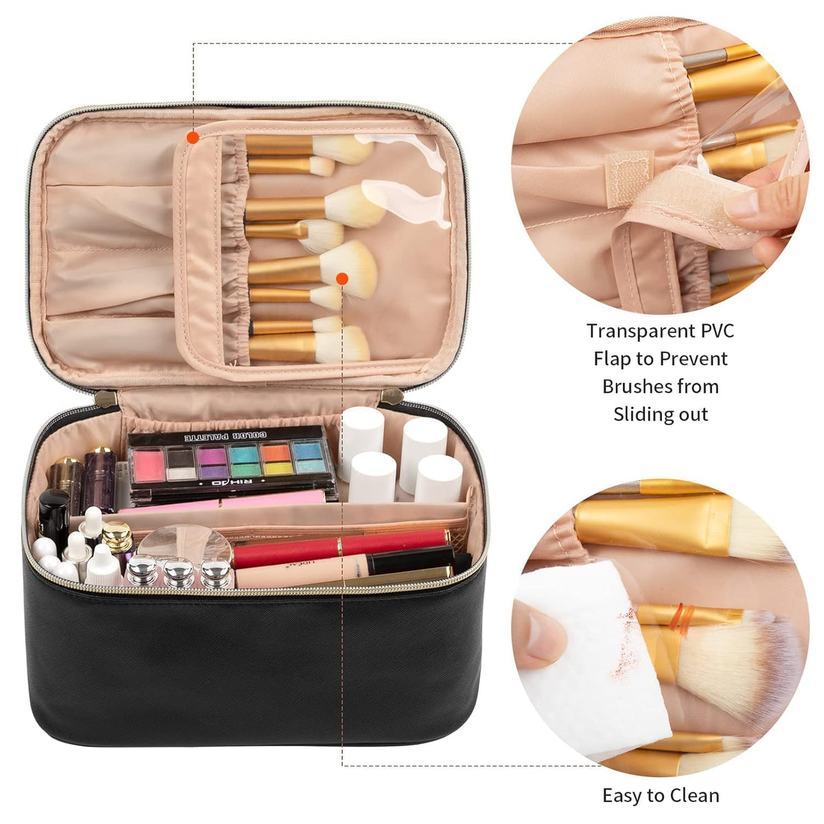 Large Capacity Travel Makeup Bag with Handle and Divider, Black