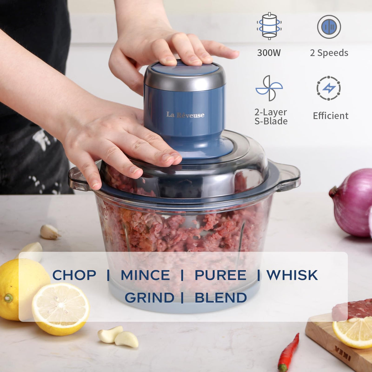 La Reveuse Electric Food Processor, 7-Cup Glass Bowl, 300W, Blue