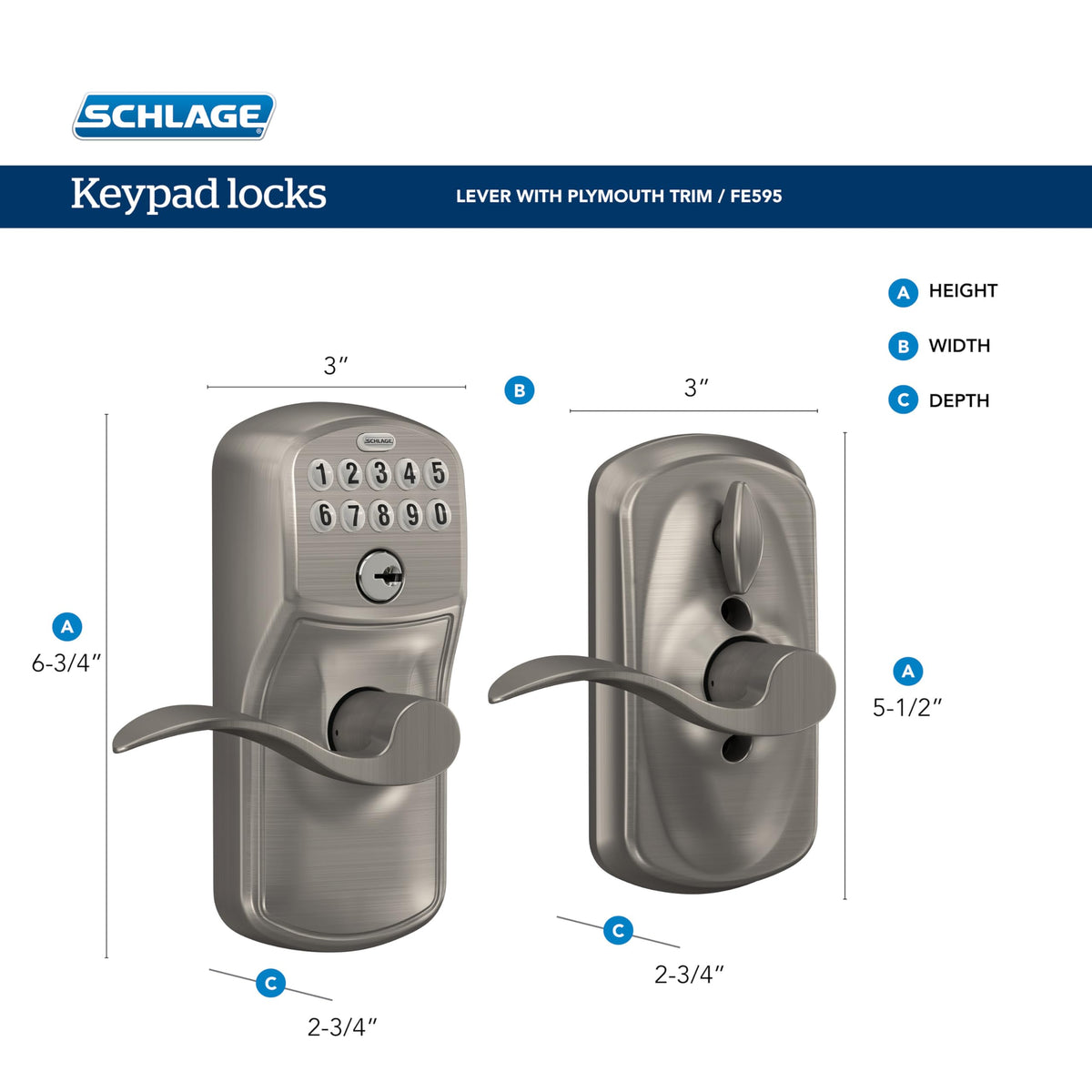 Schlage Electronic Keypad Lock, Lever Handle, Camelot, Matte Black