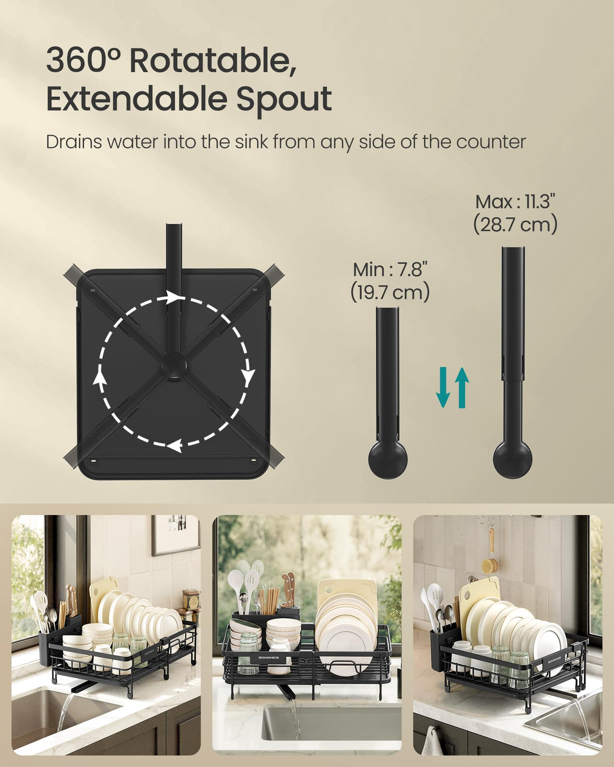 SONGMICS Extendable Dish Drainer Rack, 46.5 x 29.6 x 14 cm, KCS556BH01