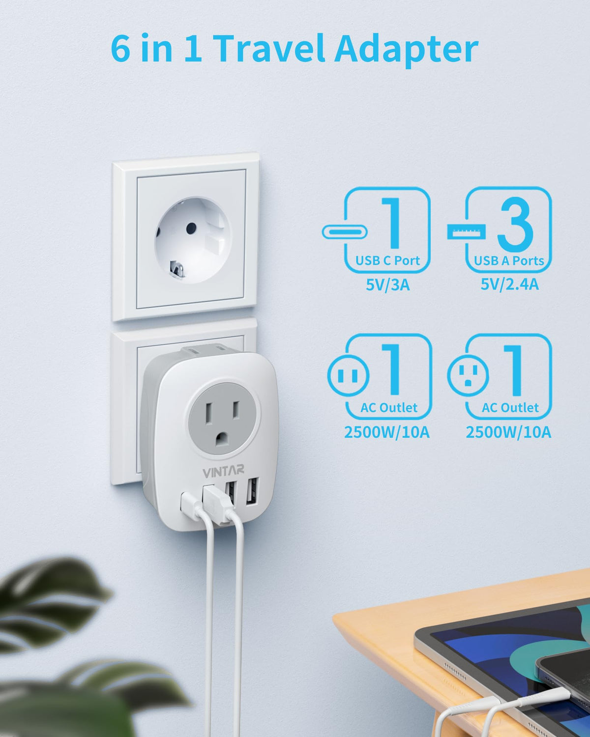 VINTAR Type E/F Travel Adapter, Schuko Europe Plug, 2 Pack