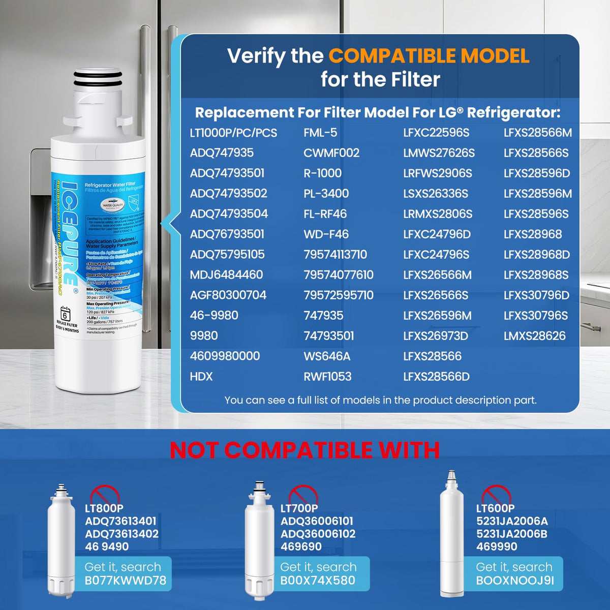 ICEPURE Water Filter for LG LT1000P with Air Filter (3 Pack)