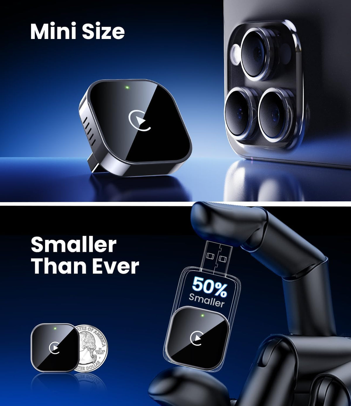 Teeran Mini Wireless CarPlay Adapter for iPhone, USB and USB-C