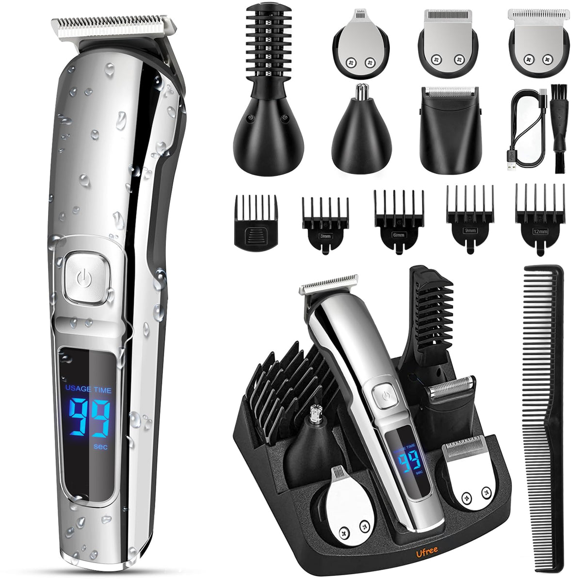 Ufree Waterproof Beard Trimmer for Men, Silver