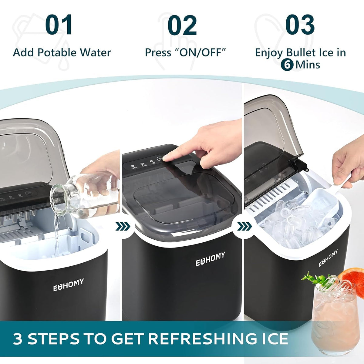 EUHOMY Countertop Ice Maker with Handle, 26.4 lb Per Day, Black