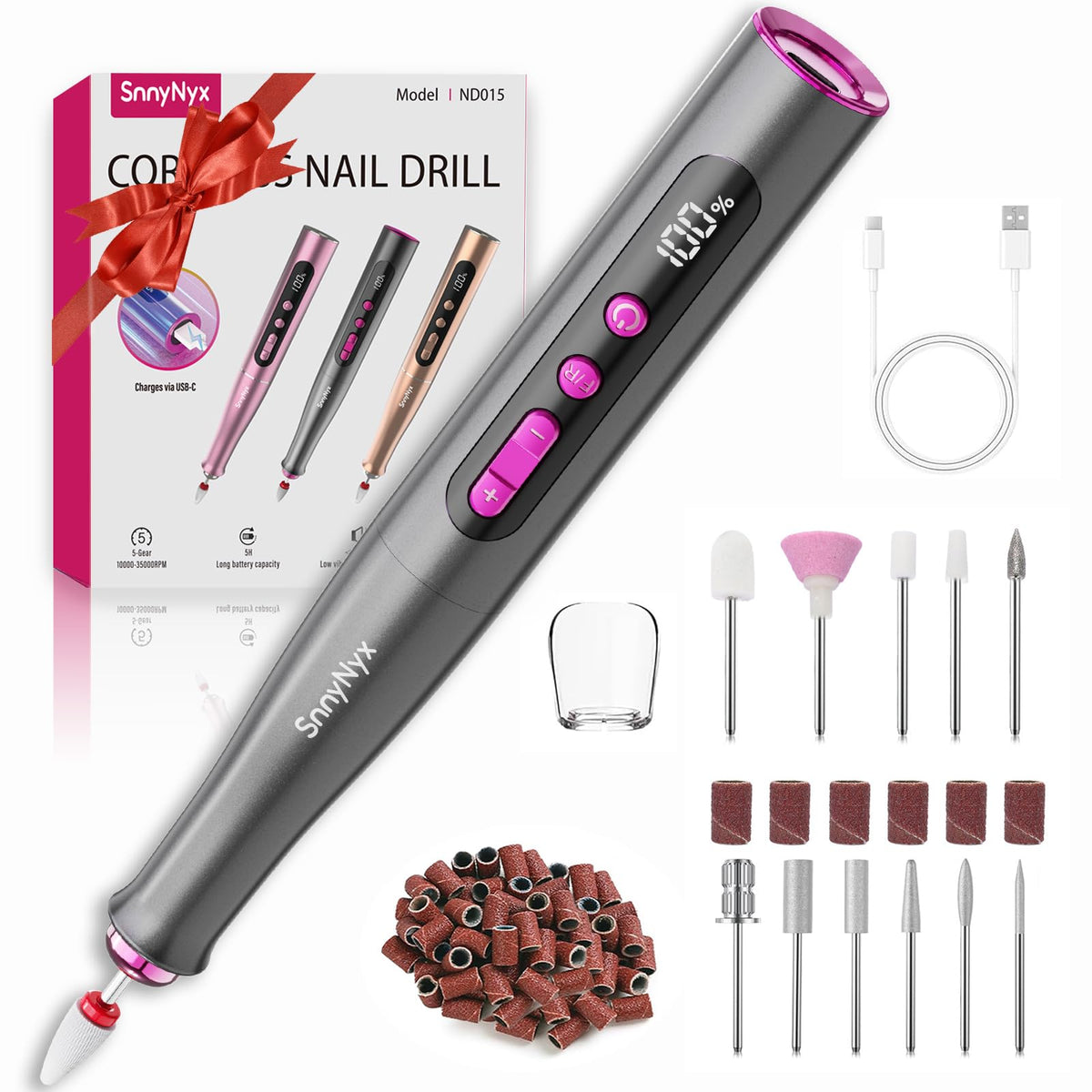 SnnyNyx Cordless Electric Nail Drill, 35000 RPM, Matte Gray
