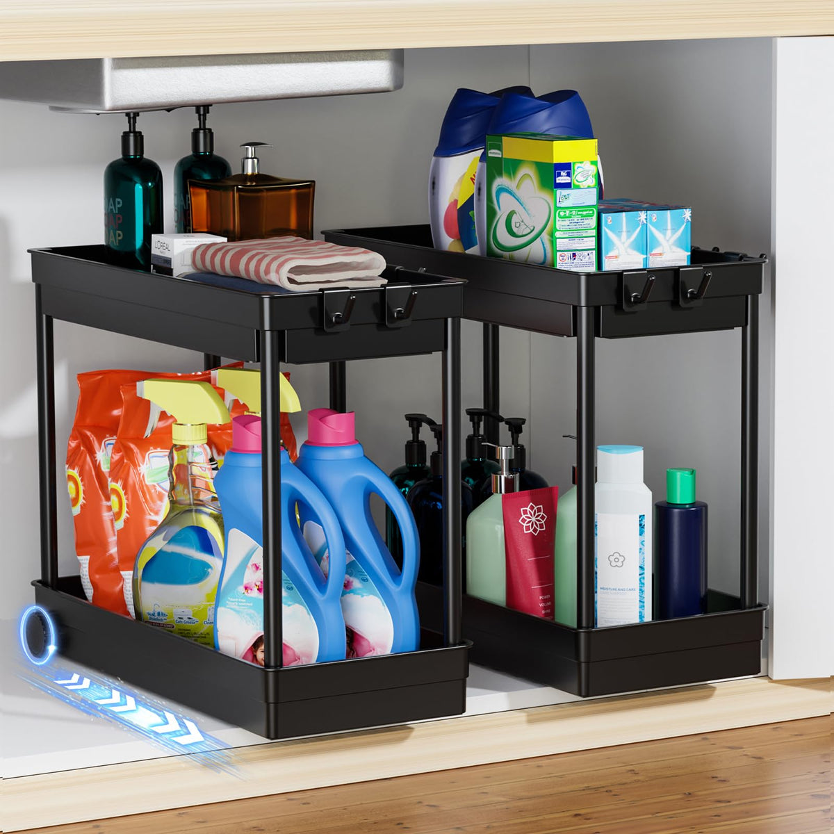 Cicilyna 2-Tier Under Sink Organizer with Hook, Black, 2 Pack