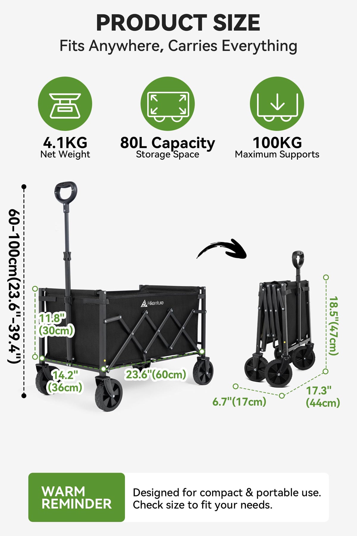 Hikenture Foldable Utility Wagon Cart with All-Terrain Wheels