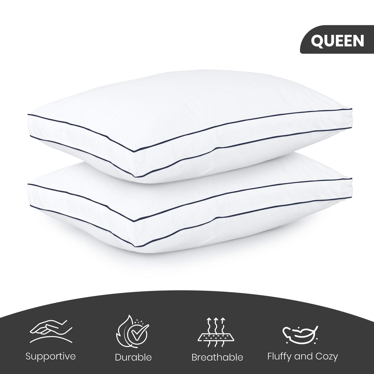 Utopia Bedding Gusseted Bed Pillows, Queen, Navy Hem, Set of 2