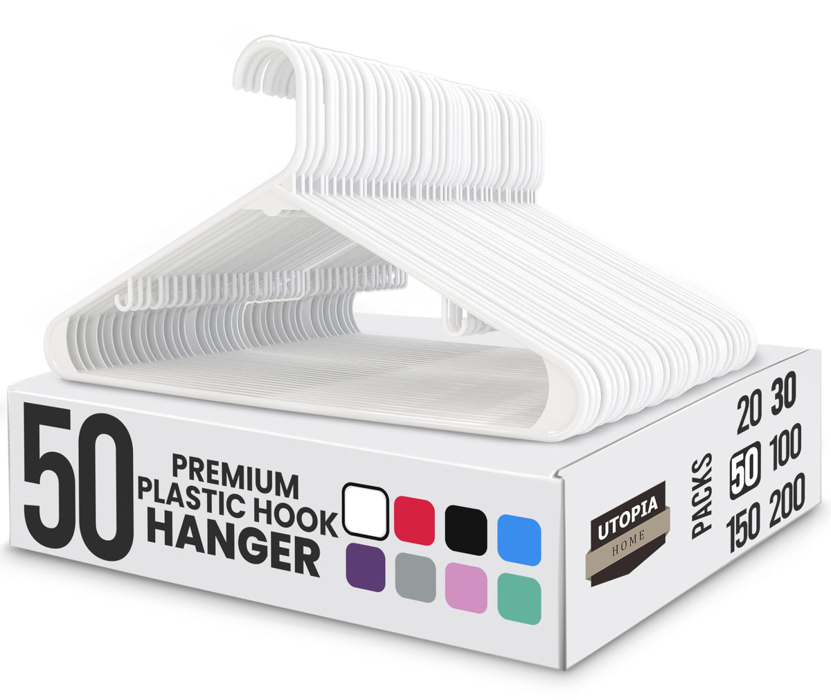 Utopia Home Plastic Hangers with Hooks, White, 50 Pack