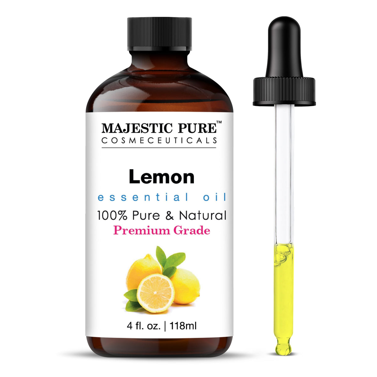 Majestic Pure Lemon Essential Oil with Glass Dropper, 118 ml