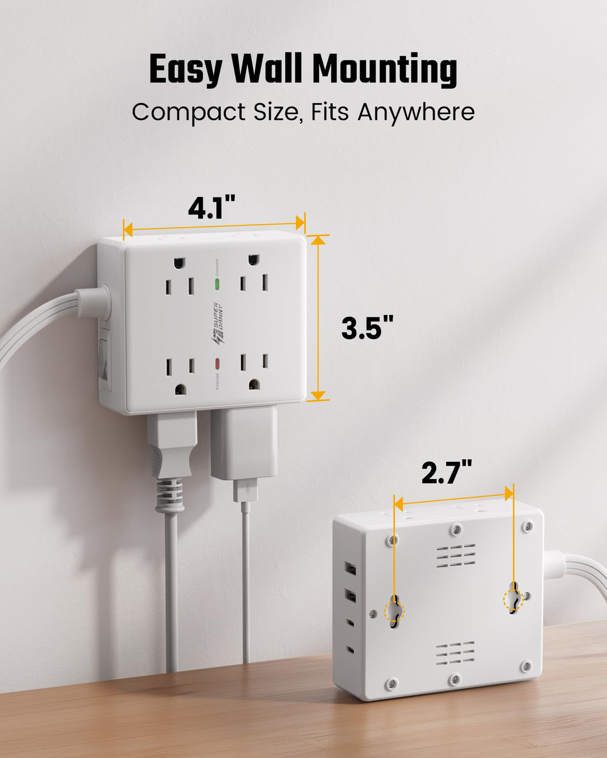 SUPERDANNY Flat Plug Surge Protector, 8 Outlets, 4 USB, 10 ft, White