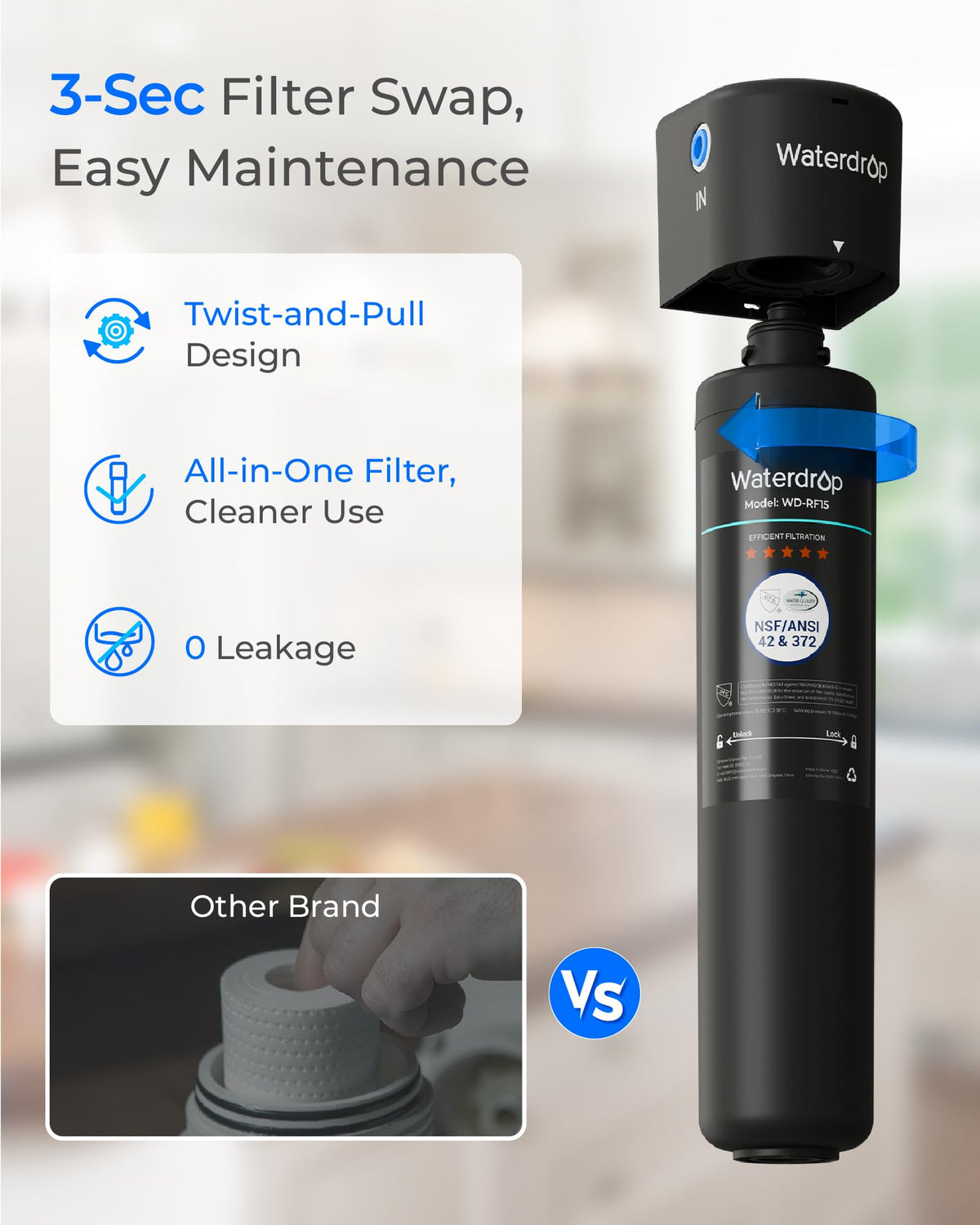 Waterdrop RF15 Under Sink Replacement Water Filter, NSF 42, 19K Gal