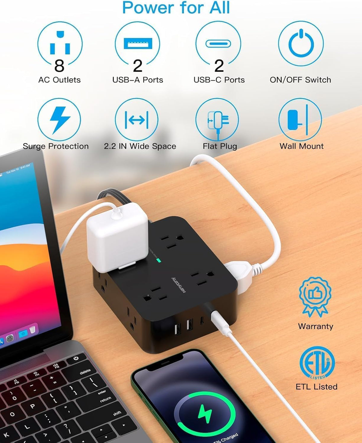 Flat Plug Surge Protector Power Bar with 4 USB Ports, 5 ft, Black