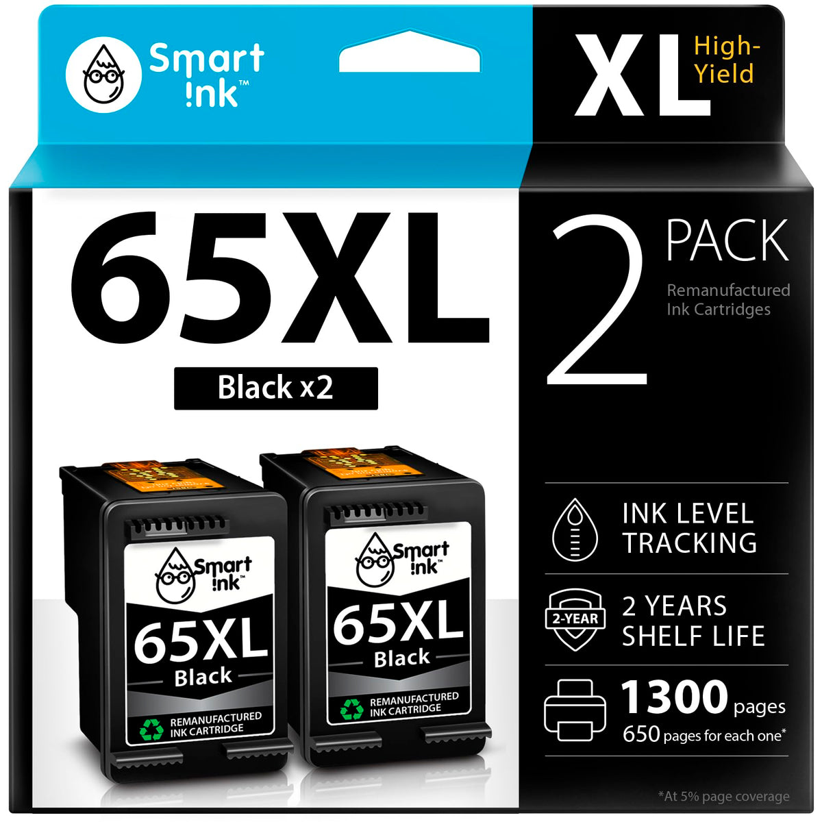 Smart Ink Remanufactured HP 65XL Ink, Black (2 Pack)