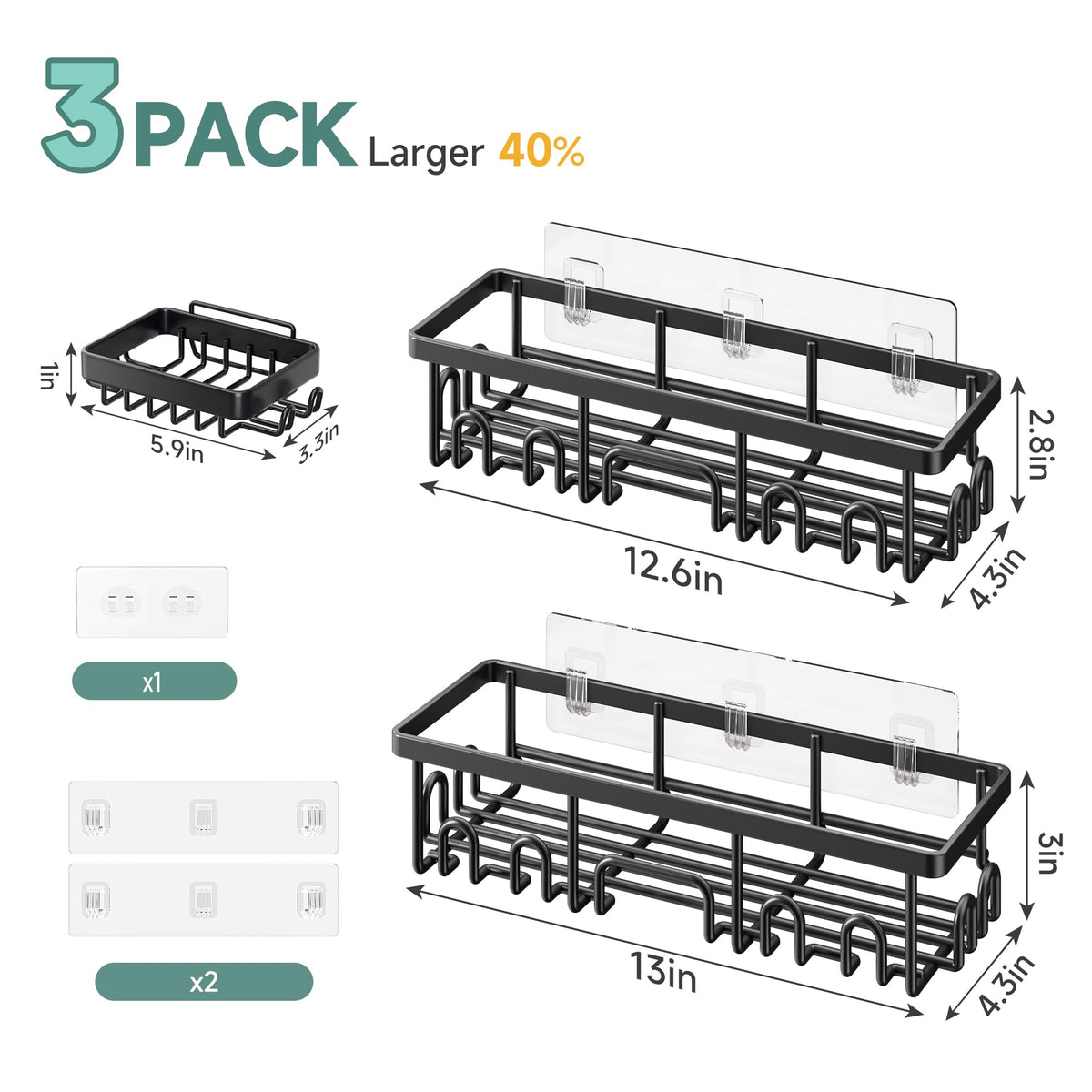 Veken Adhesive Shower Caddy with Soap Holder, Black (3 Pack)