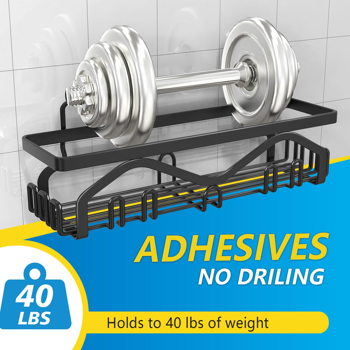 Coraje Adhesive Stainless Steel Shower Caddy Shelves, Black (5 Pack)