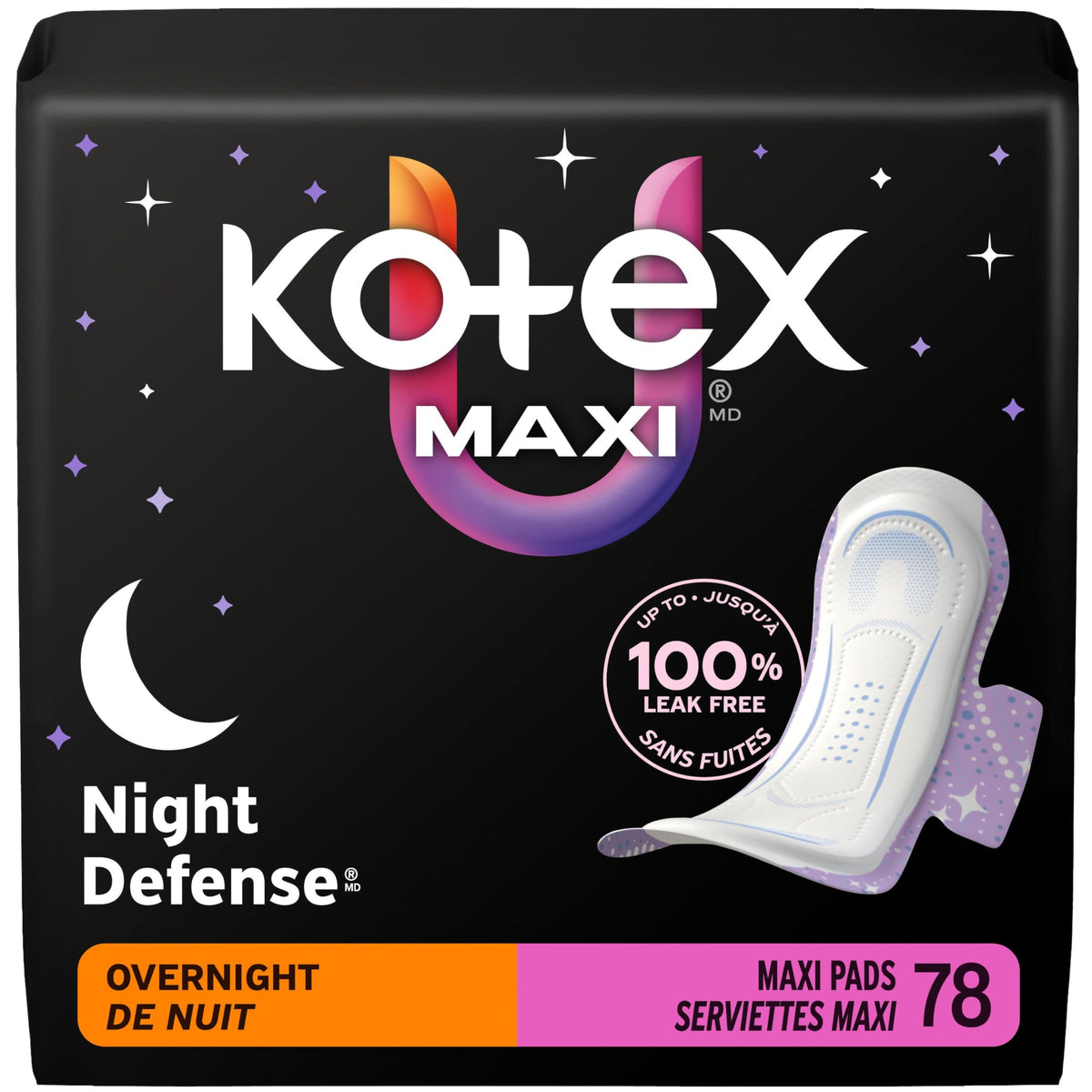 Kotex Overnight Maxi Pads With Wings, Unscented, 78 Count