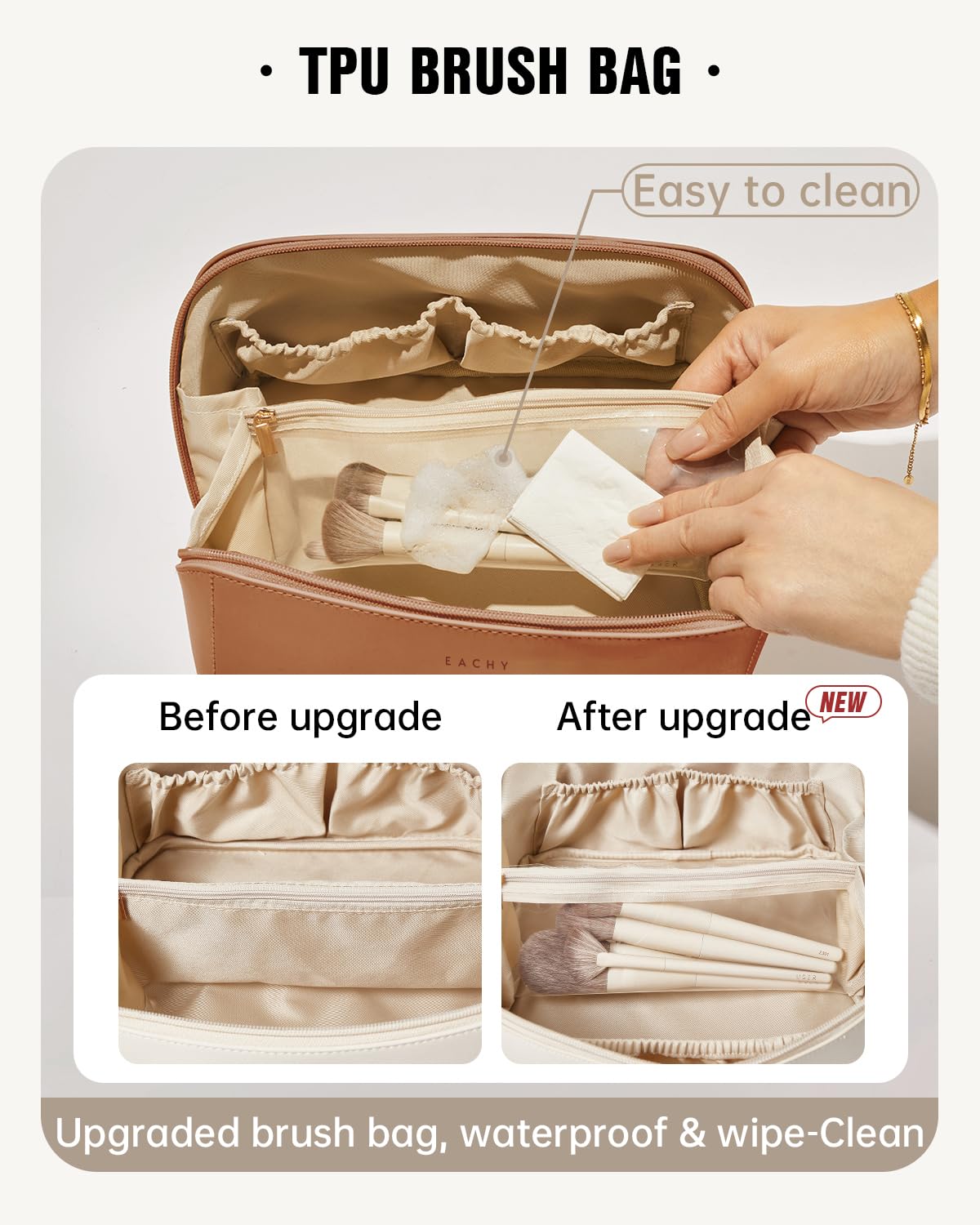 EACHY Large Travel Makeup Bag, Brown, Medium