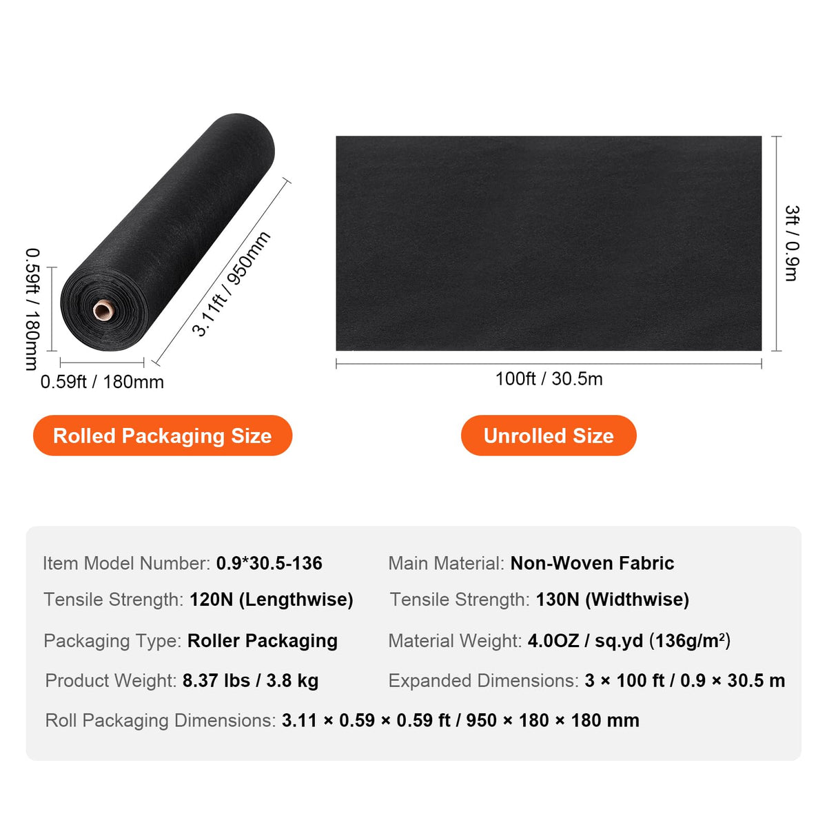 VEVOR Driveway Fabric, 3 x 100 ft Non-Woven Geotextile, 4oz