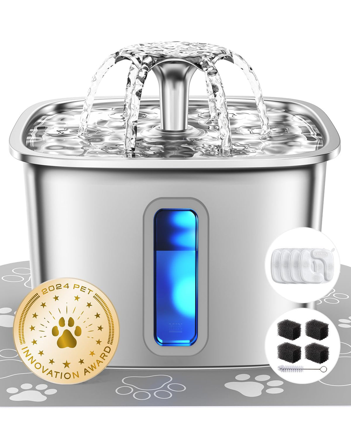 Veken Stainless Steel Pet Water Fountain, 3.2 L, 4 Filters