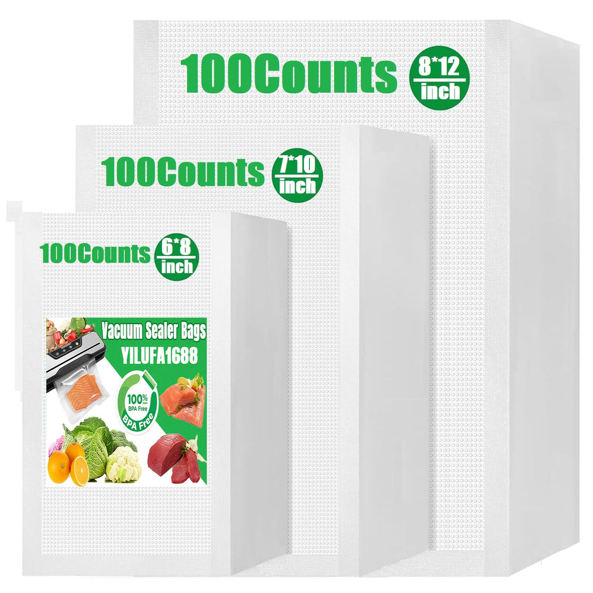 YILUFA1688 Pre-Cut Vacuum Sealer Bags, Mixed Sizes, 300 Count