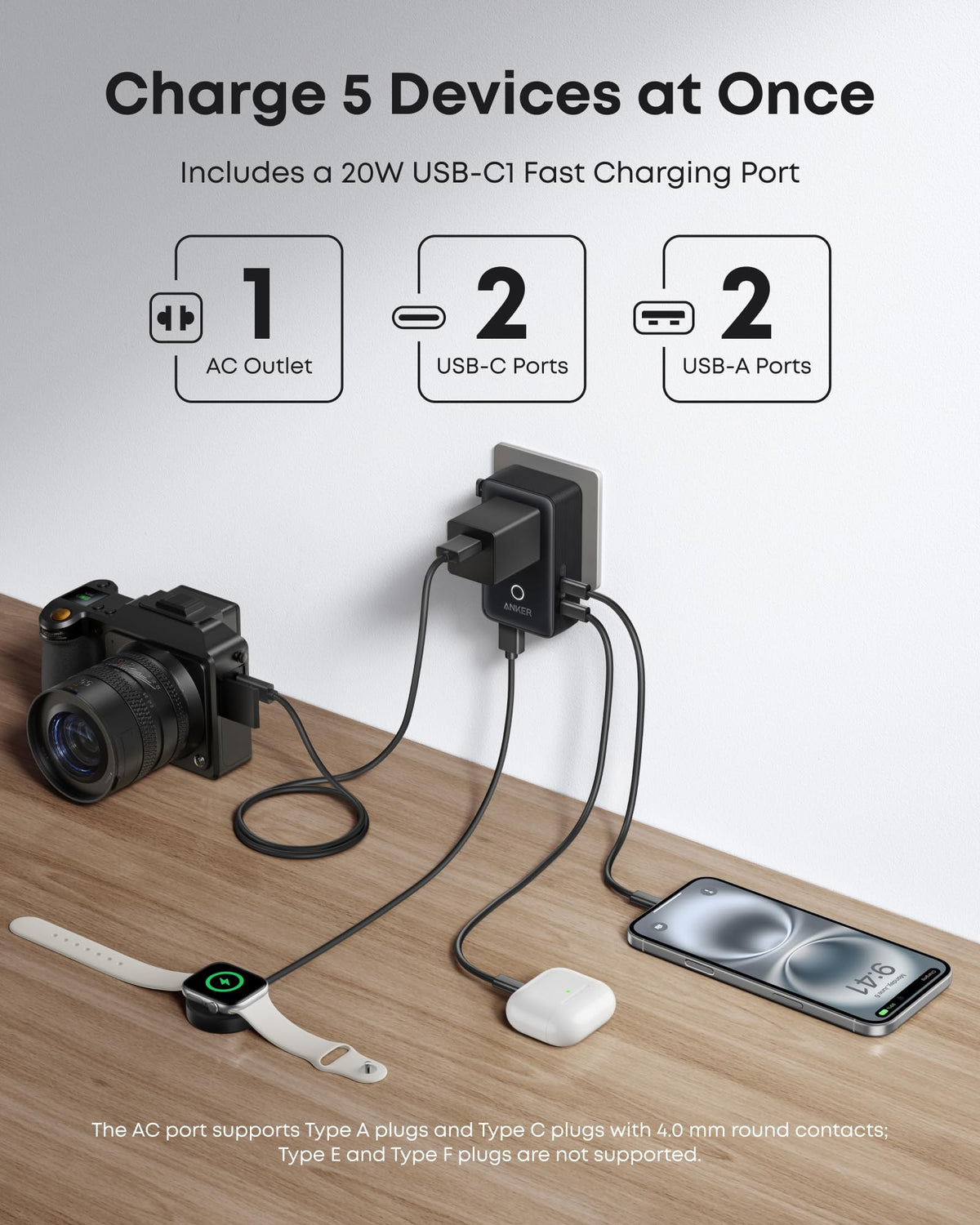 Anker Nano 5-Port Foldable Travel Plug Adapter, Black