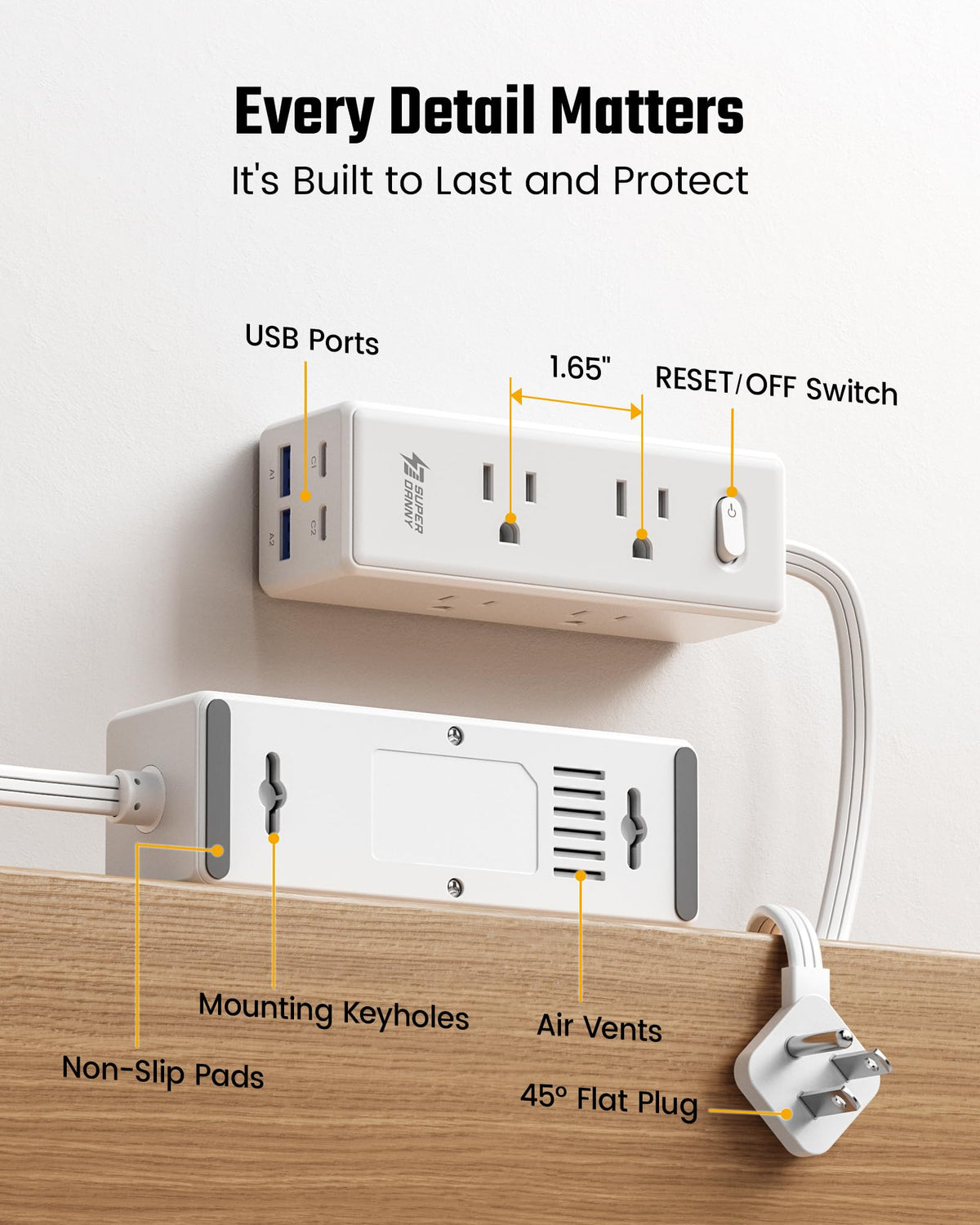 SUPERDANNY Surge Protector Power Bar, 6 Outlets, 4 USB, 10 ft