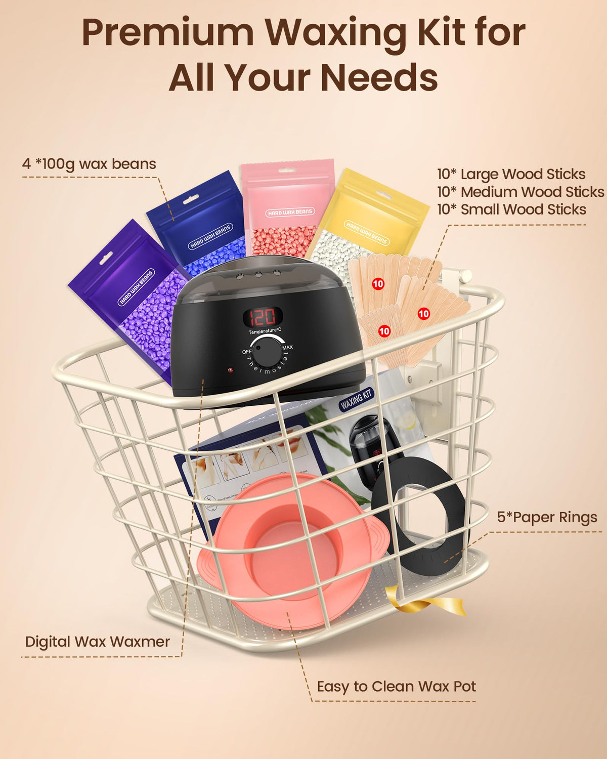 Digital Display Waxing Kit with Wax Warmer and 4 Hard Wax Beads Packs