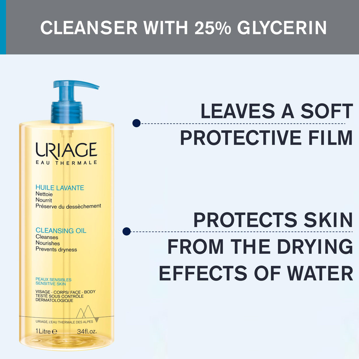 Uriage Cleansing Soothing Oil, Face & Body, 1 L