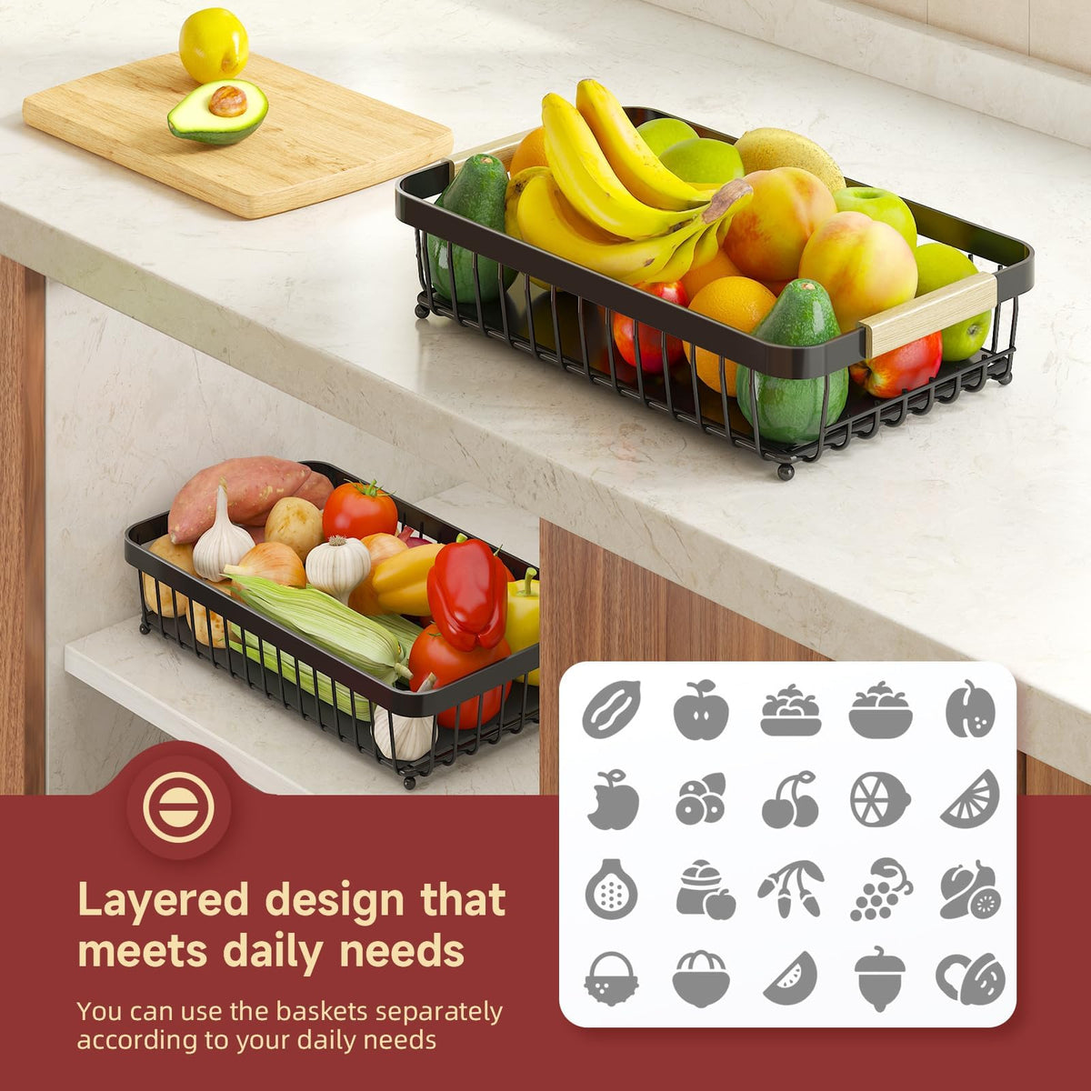 2-Tier Metal Fruit Bowl with Banana Holders