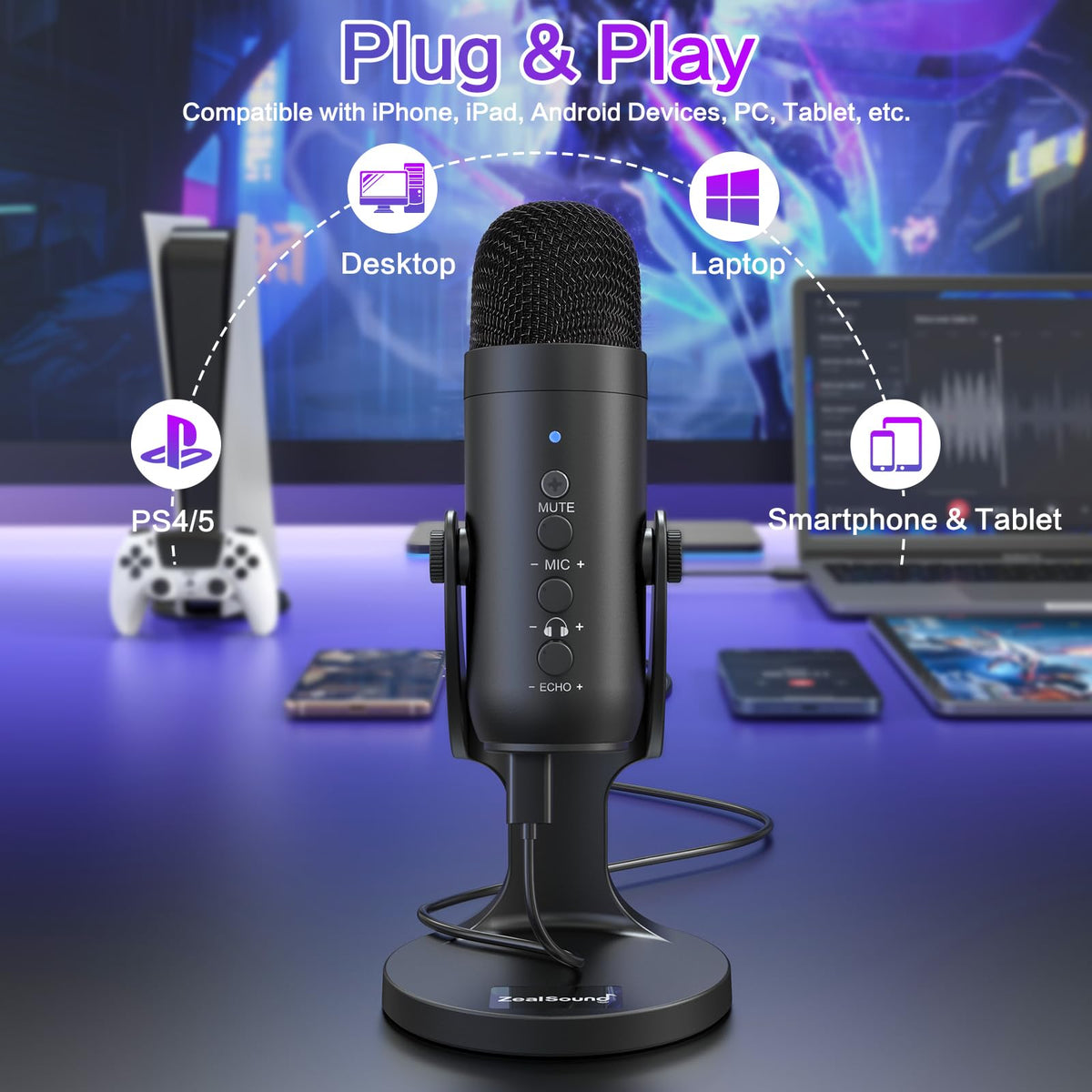 ZealSound K66 USB Podcast Microphone with Noise Reduction