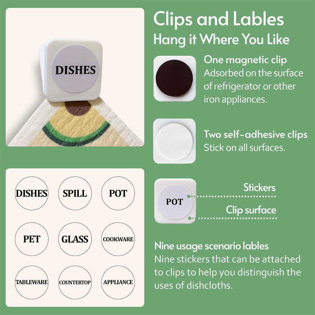 Eulnars Swedish Dish Cloths, 8 Pack, with 3 Clips
