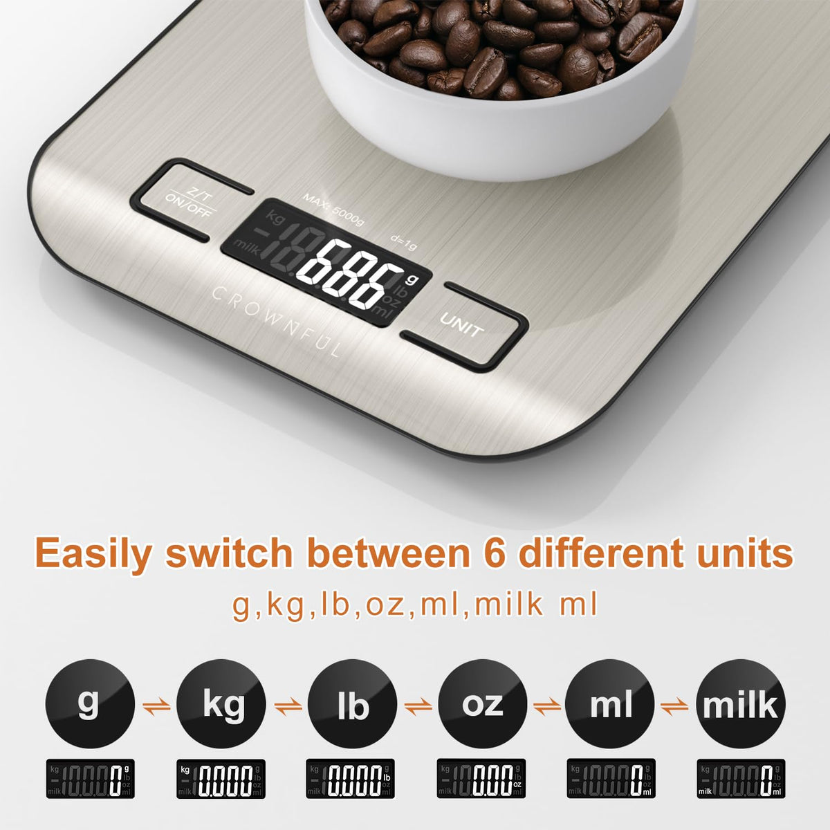 CROWNFUL Digital Kitchen Scale, 5 kg, Silver