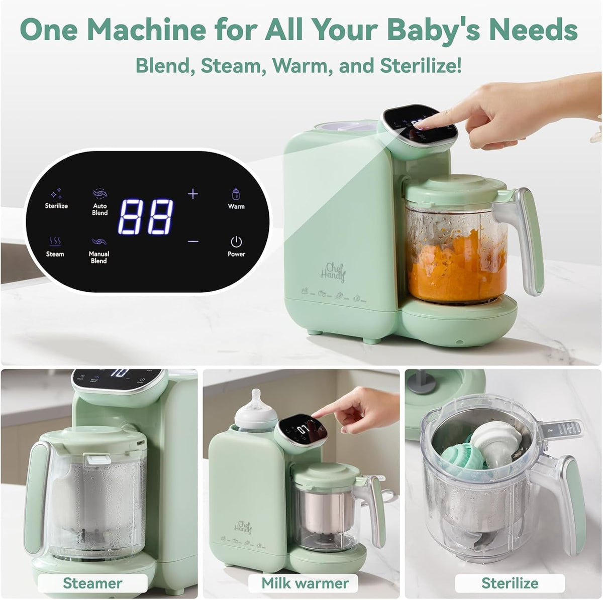 Chefhandy 5-in-1 Baby Food Maker with Steam Basket, Green