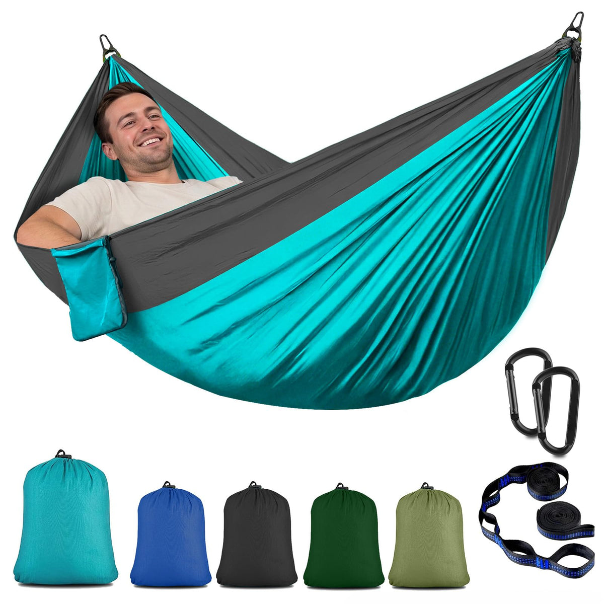 Portable Nylon Camping Hammock with Tree Straps, Single